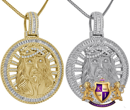 Baguette Real Sterling Silver Jesus Face Medallion 10K Gold Finish Charm Pendent Chain Set