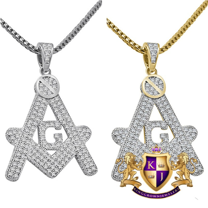 Mens Real Sterling Silver 10K Gold Finish Charm Freemason Masonic Pendent Chain Set