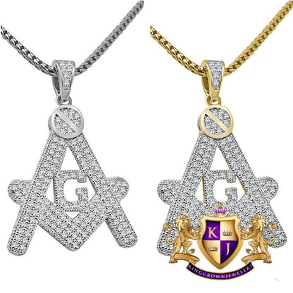 Mens Real Sterling Silver 10K Gold Finish Charm Freemason Masonic Pendent Chain Set
