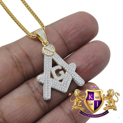 Mens Real Sterling Silver 10K Gold Finish Charm Freemason Masonic Pendent Chain Set