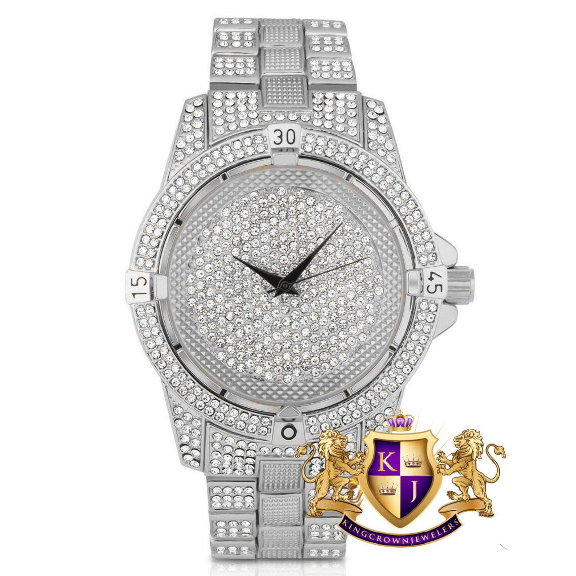 Men's Fully Bling White Gold Finish Bling Master Simulated Crystal Diamond Watch