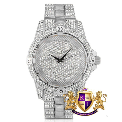 Men's Fully Bling White Gold Finish Bling Master Simulated Crystal Diamond Watch