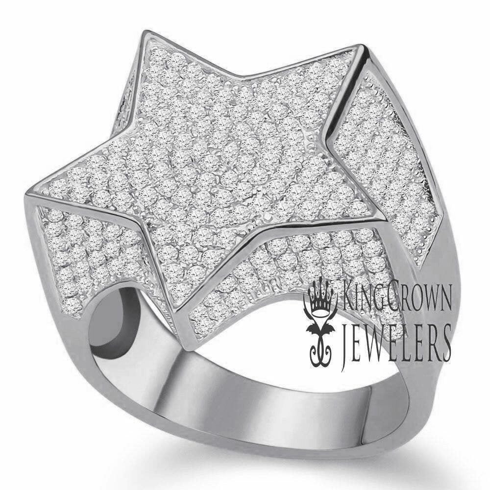Mens 14K White Gold On Real Sterling Silver Simulated Diamonds Star Shape Simulated Diamond Ring Pave Band