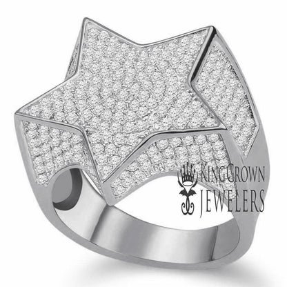 Mens 14K White Gold On Real Sterling Silver Simulated Diamonds Star Shape Simulated Diamond Ring Pave Band