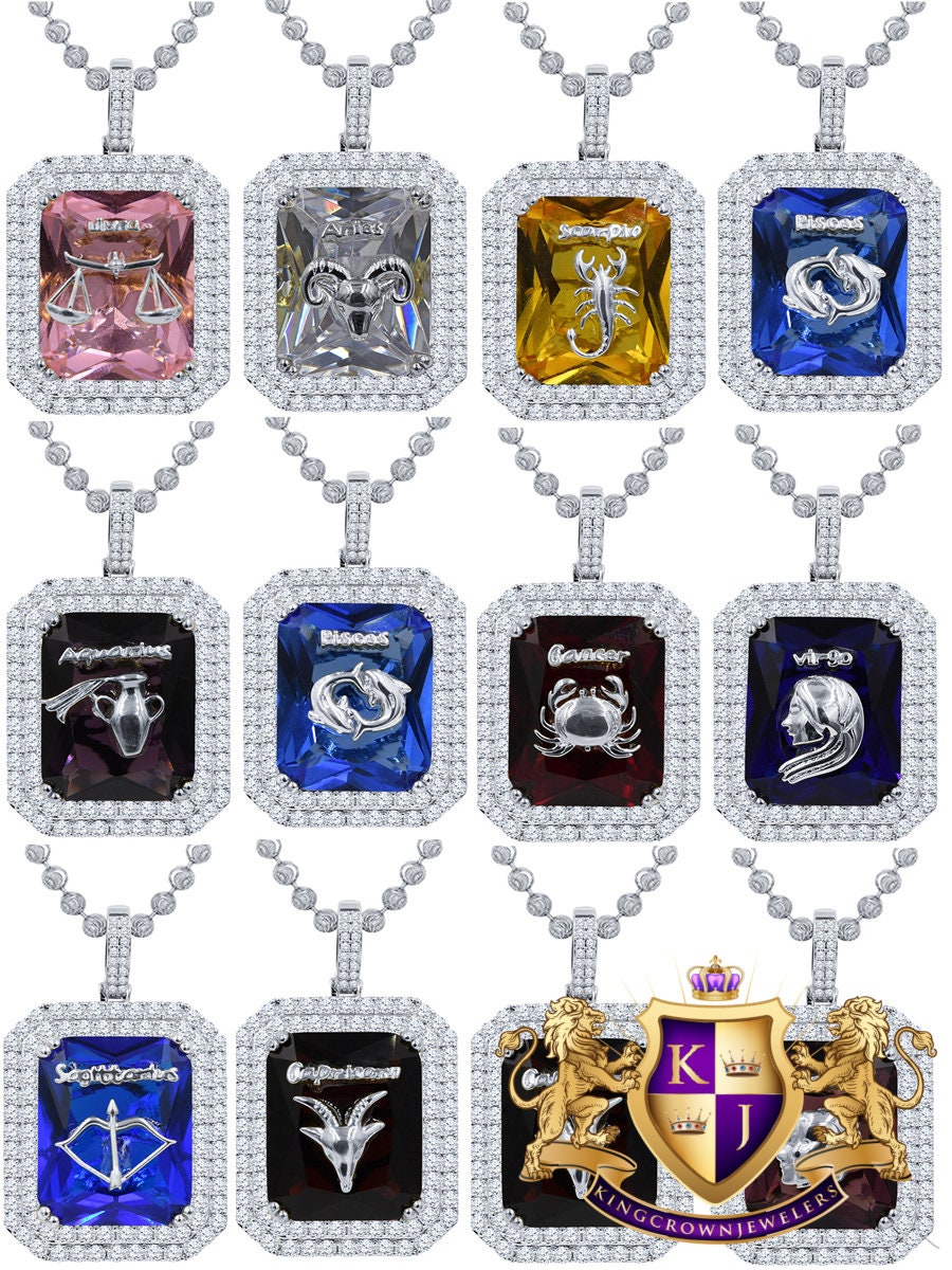 Unisex Lucky Zodiac Sign Birthstone Astrology Charm Necklace Simulated Diamond 14K White Gold Finish Good Luck Pendent Chain Set