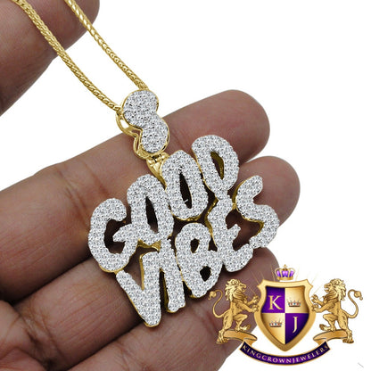 Real Yellow Gold Sterling Silver Custom Piece Simulated Diamond GOOD VIBES Charm Pendent Chain Set