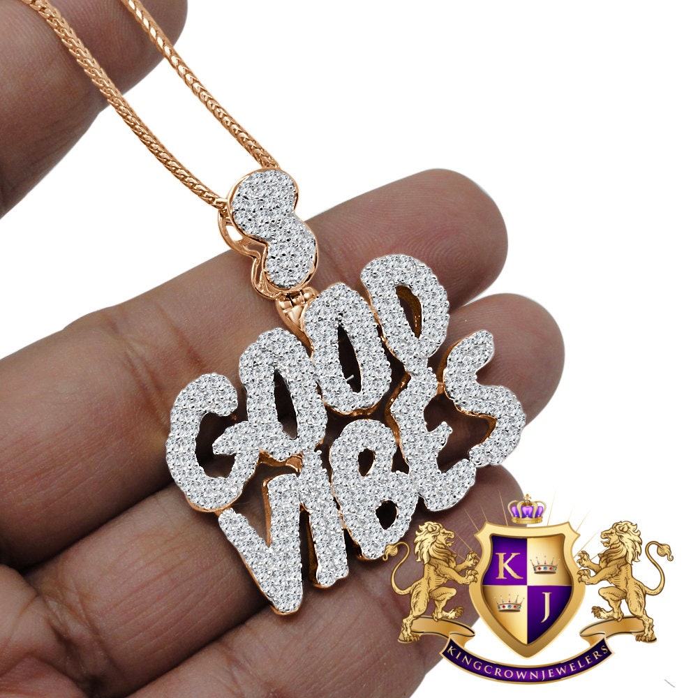 Real Rose Gold Sterling Silver Custom Piece Simulated Diamond GOOD VIBES Charm Pendent Chain Set