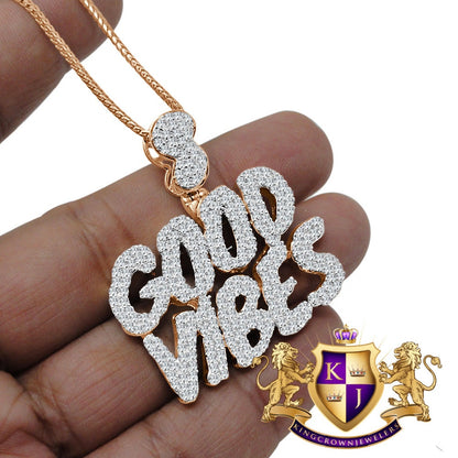 Real Rose Gold Sterling Silver Custom Piece Simulated Diamond GOOD VIBES Charm Pendent Chain Set