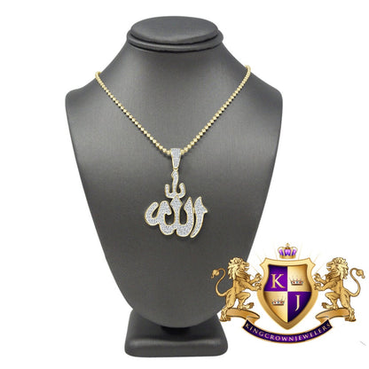 Real Authentic Sterling Silver 14K Gold Finish 1.75 Cwt. Genuine Simulated Diamond Allah Muslim Islamic Arabic Pendant Charm Chain Neckless