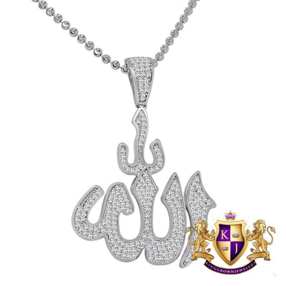 Real Authentic Sterling Silver 14K Gold Finish 1.75 Cwt. Genuine Simulated Diamond Allah Muslim Islamic Arabic Pendant Charm Chain Neckless