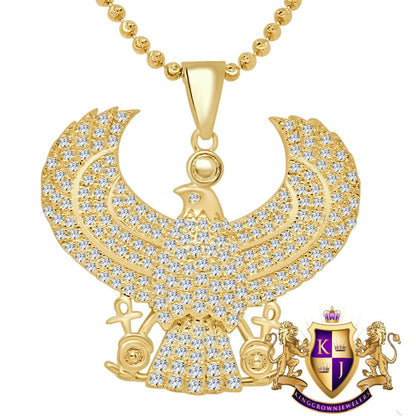 Real Sterling Silver 10K Gold Finish Egyptian God Horus Royal Falcon Eagle Simulated Diamond Pendent Charm Chain Set