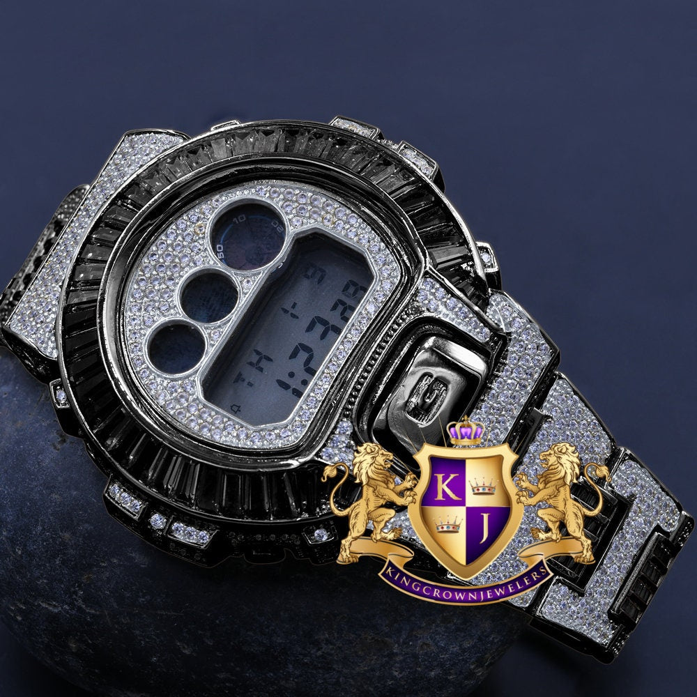 2 Tone Mens Baguette  2 Tone Black Gold Finish Casio Digital G Shock Authentic DW-6900 Custom Watch