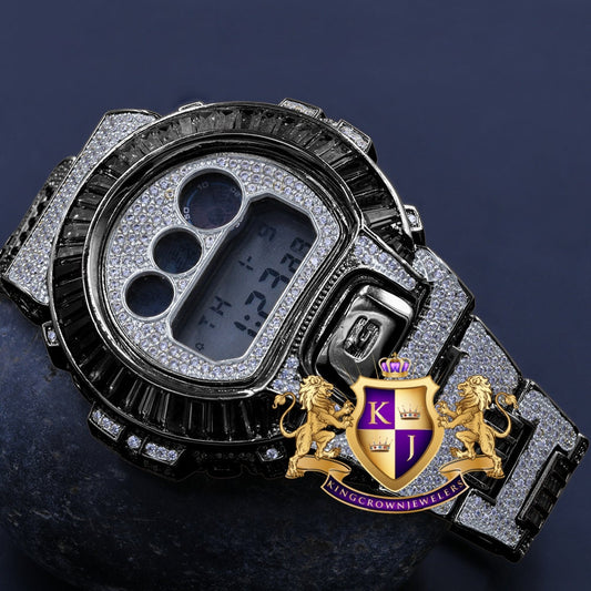 2 Tone Mens Baguette  2 Tone Black Gold Finish Casio Digital G Shock Authentic DW-6900 Custom Watch