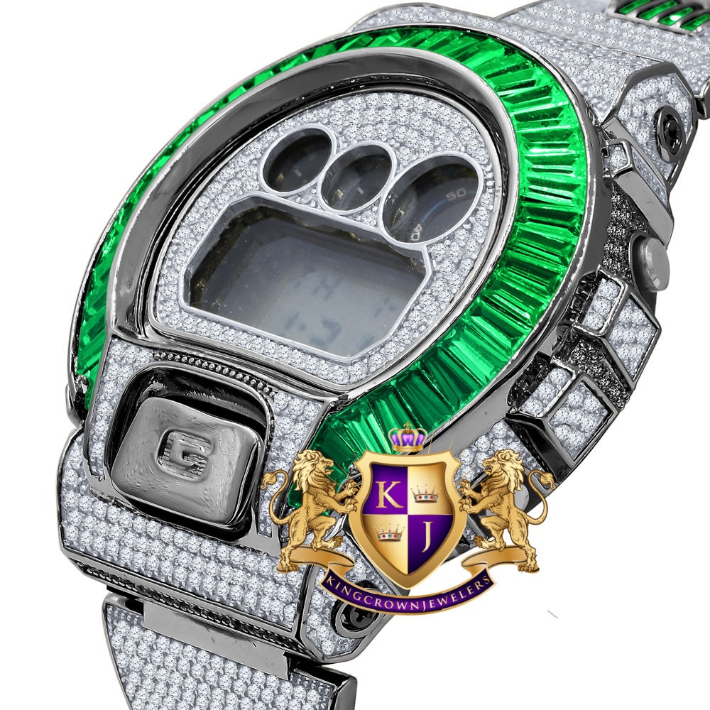 2 Tone Baguette Green Emerald Real Black Casio G Shock Authentic DW-6900 Mens Digital Custom Watch