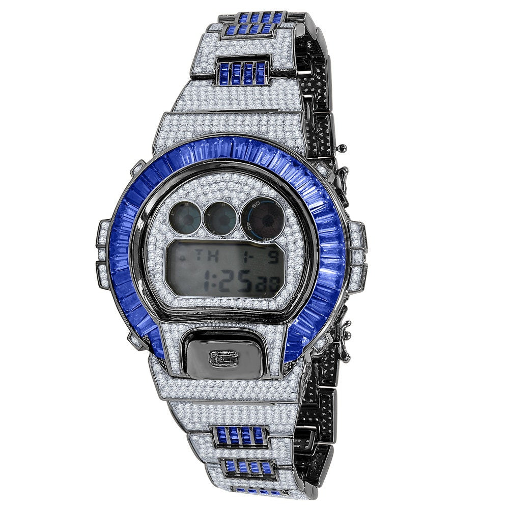2 Tone Mens Baguette Blue Sapphire Real Black Casio G Shock Authentic DW-6900 Custom Digital Watch