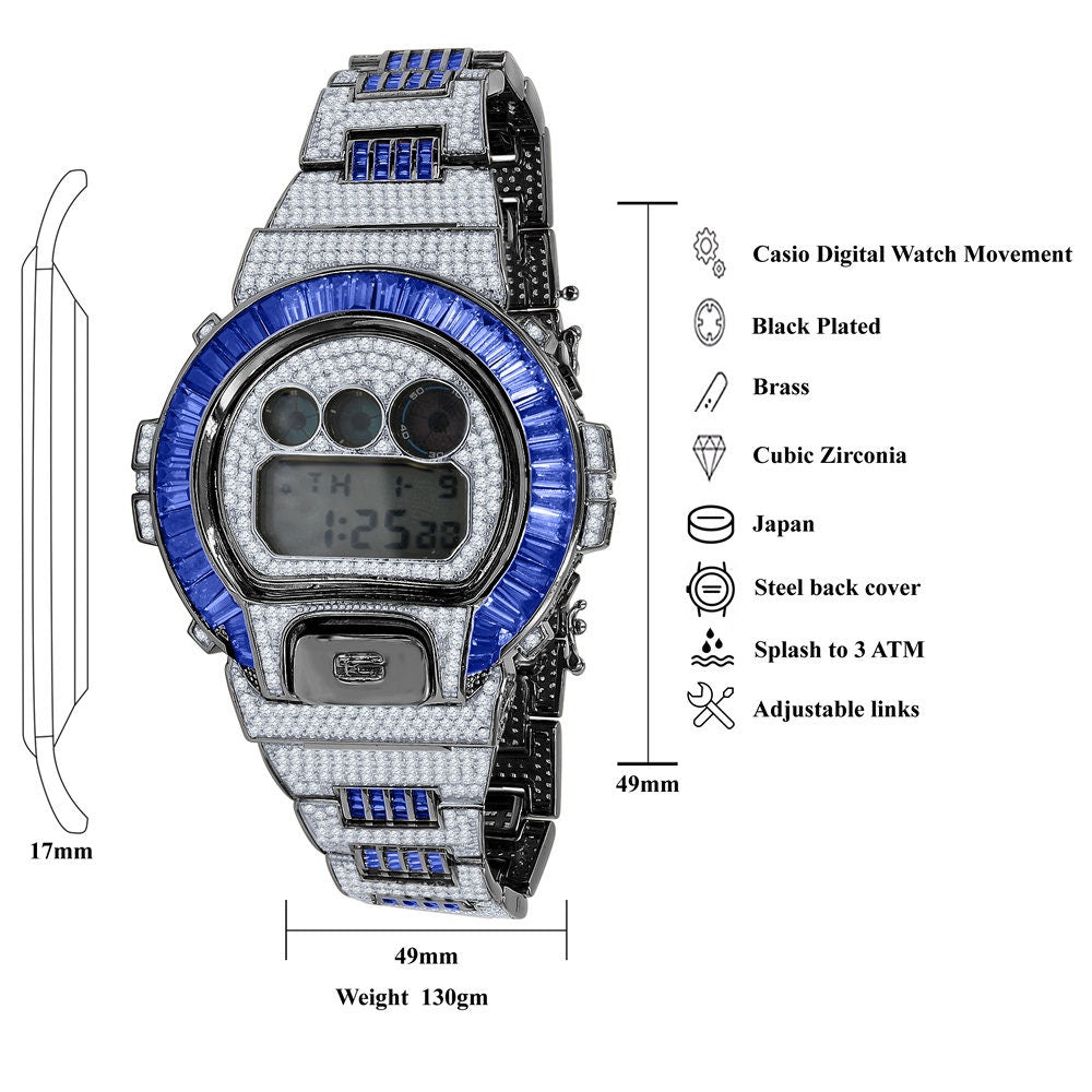 2 Tone Mens Baguette Blue Sapphire Real Black Casio G Shock Authentic DW-6900 Custom Digital Watch