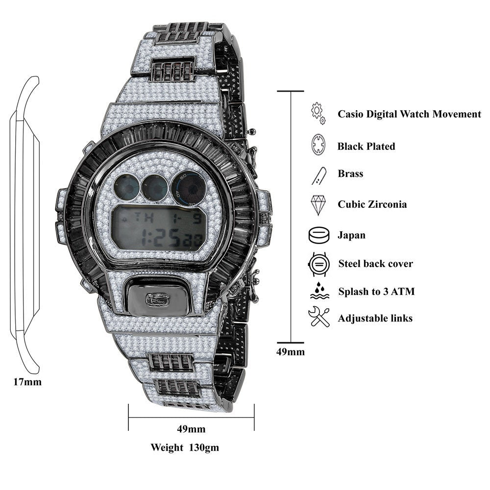 2 Tone Mens Baguette  2 Tone Black Gold Finish Casio Digital G Shock Authentic DW-6900 Custom Watch