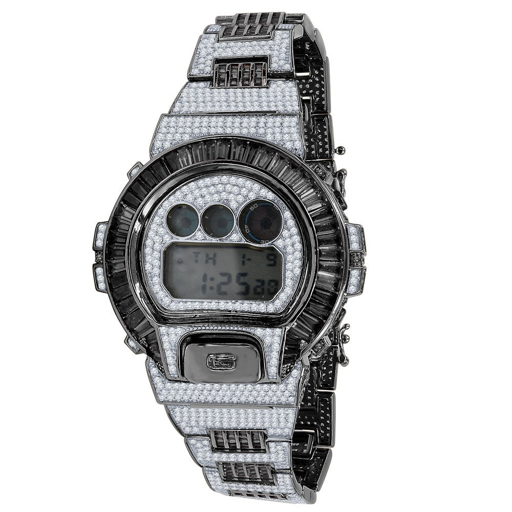 2 Tone Mens Baguette  2 Tone Black Gold Finish Casio Digital G Shock Authentic DW-6900 Custom Watch