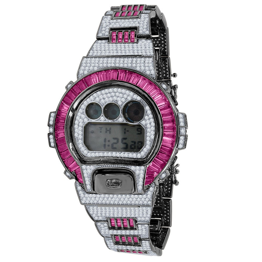 2 Tone Baguette Pink Tourmaline Black Gold Casio G Shock Authentic DW-6900 Custom Mens Digital Watch