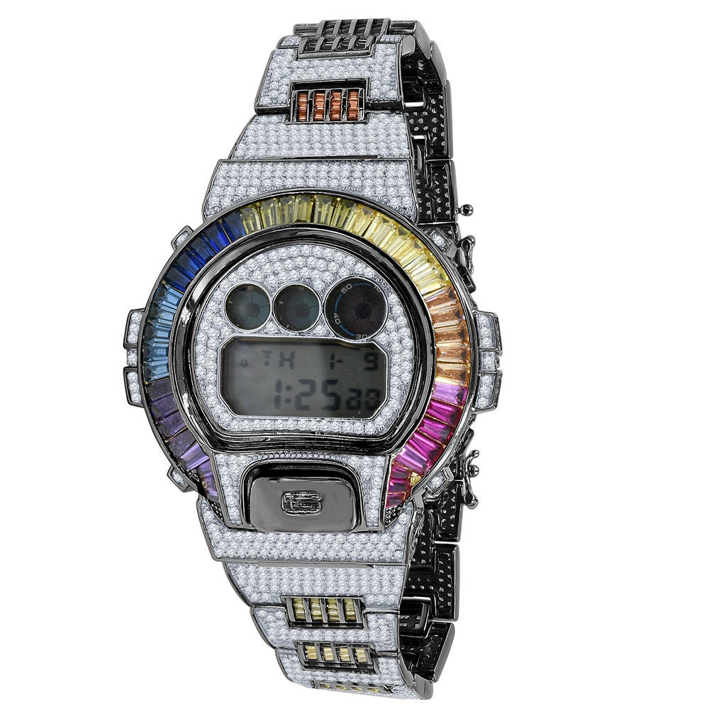 Mens Baguette Multi Rainbow Black Gold Casio G Shock Authentic DW-6900 Custom Digital  2 Tone Watch