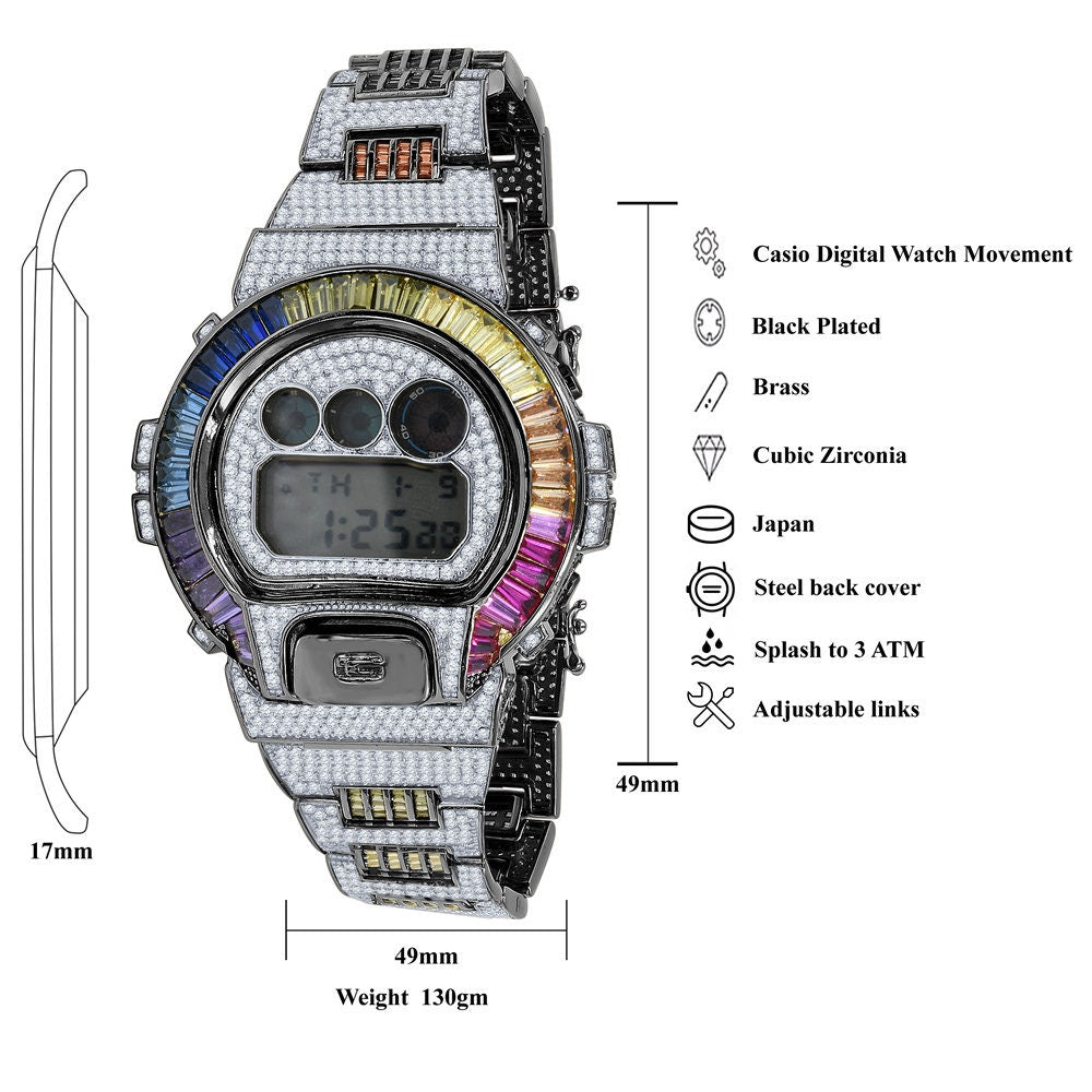 Mens Baguette Multi Rainbow Black Gold Casio G Shock Authentic DW-6900 Custom Digital  2 Tone Watch
