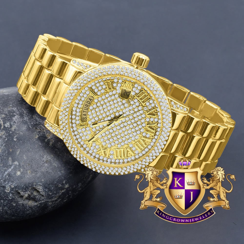 Mens Day/Date Function Steel Back Water Resistance 14K Yellow Gold Finish Presidential Band Watch 40mm