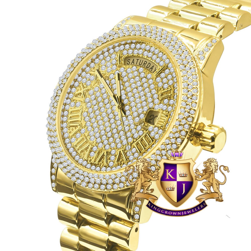 Mens Day/Date Function Steel Back Water Resistance 14K Yellow Gold Finish Presidential Band Watch 40mm
