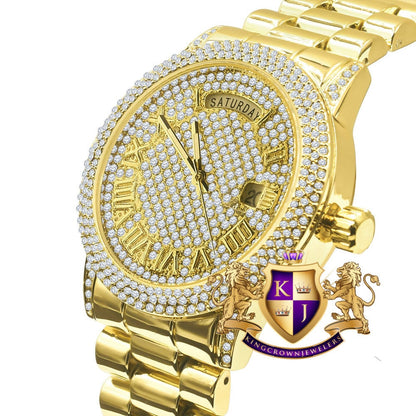Mens Day/Date Function Steel Back Water Resistance 14K Yellow Gold Finish Presidential Band Watch 40mm