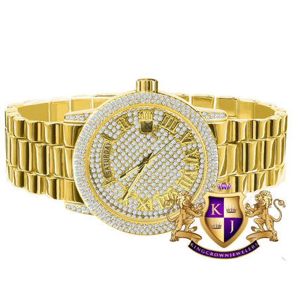 Mens Day/Date Function Steel Back Water Resistance 14K Yellow Gold Finish Presidential Band Watch 40mm