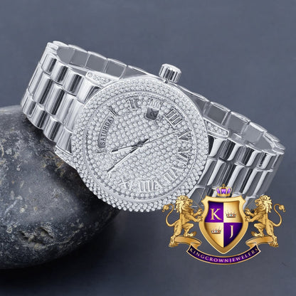 Mens Day/Date Function Steel Back Water Resistance 14K White Gold Finish Presidential Band Watch 40mm