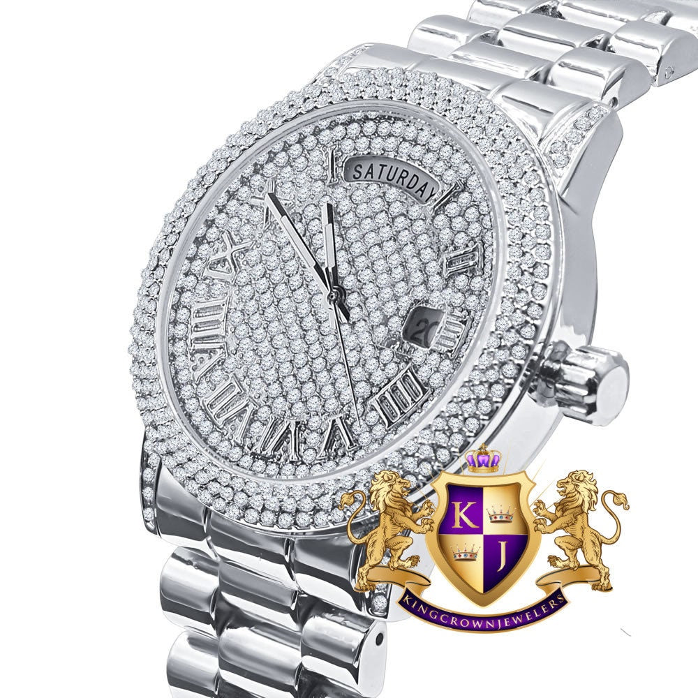 Mens Day/Date Function Steel Back Water Resistance 14K White Gold Finish Presidential Band Watch 40mm