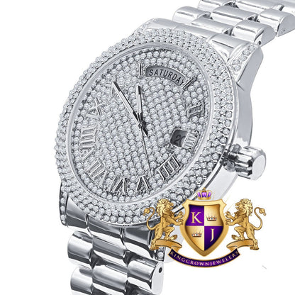 Mens Day/Date Function Steel Back Water Resistance 14K White Gold Finish Presidential Band Watch 40mm