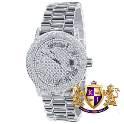 Mens Day/Date Function Steel Back Water Resistance 14K White Gold Finish Presidential Band Watch 40mm