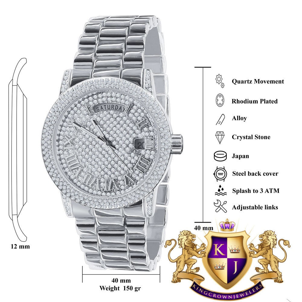 Mens Day/Date Function Steel Back Water Resistance 14K White Gold Finish Presidential Band Watch 40mm