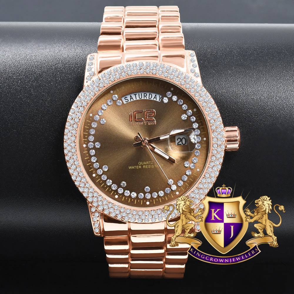Brown Face Dial 14K Rose Gold Day/Date Function Steel Back Presidential Metal Band Mens Watch 40mm