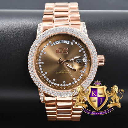 Brown Face Dial 14K Rose Gold Day/Date Function Steel Back Presidential Metal Band Mens Watch 40mm