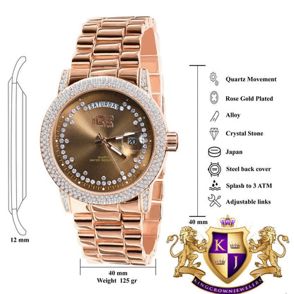 Brown Face Dial 14K Rose Gold Day/Date Function Steel Back Presidential Metal Band Mens Watch 40mm