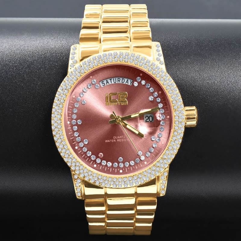 Ruby Red Face Dial 14K Yellow Gold Day/Date Function Steel Back Presidential Metal Band Mens Watch 40mm