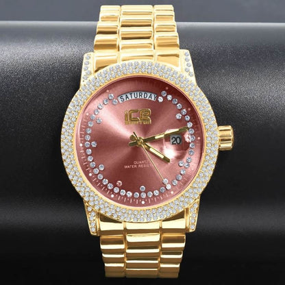 Ruby Red Face Dial 14K Yellow Gold Day/Date Function Steel Back Presidential Metal Band Mens Watch 40mm