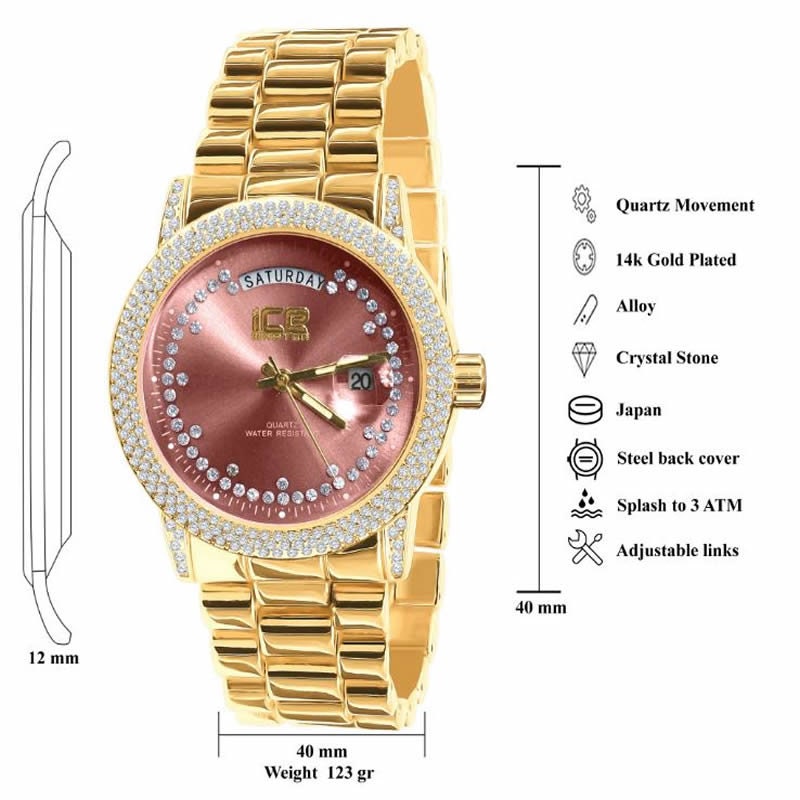 Ruby Red Face Dial 14K Yellow Gold Day/Date Function Steel Back Presidential Metal Band Mens Watch 40mm