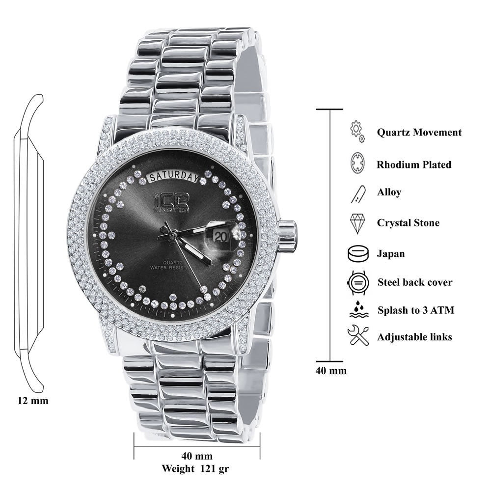Black Onyx Face Dial 14K White Gold Day/Date Function Steel Back Presidential Metal Band Mens Watch 40mm