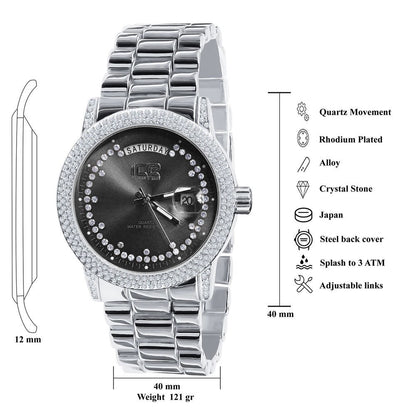Black Onyx Face Dial 14K White Gold Day/Date Function Steel Back Presidential Metal Band Mens Watch 40mm