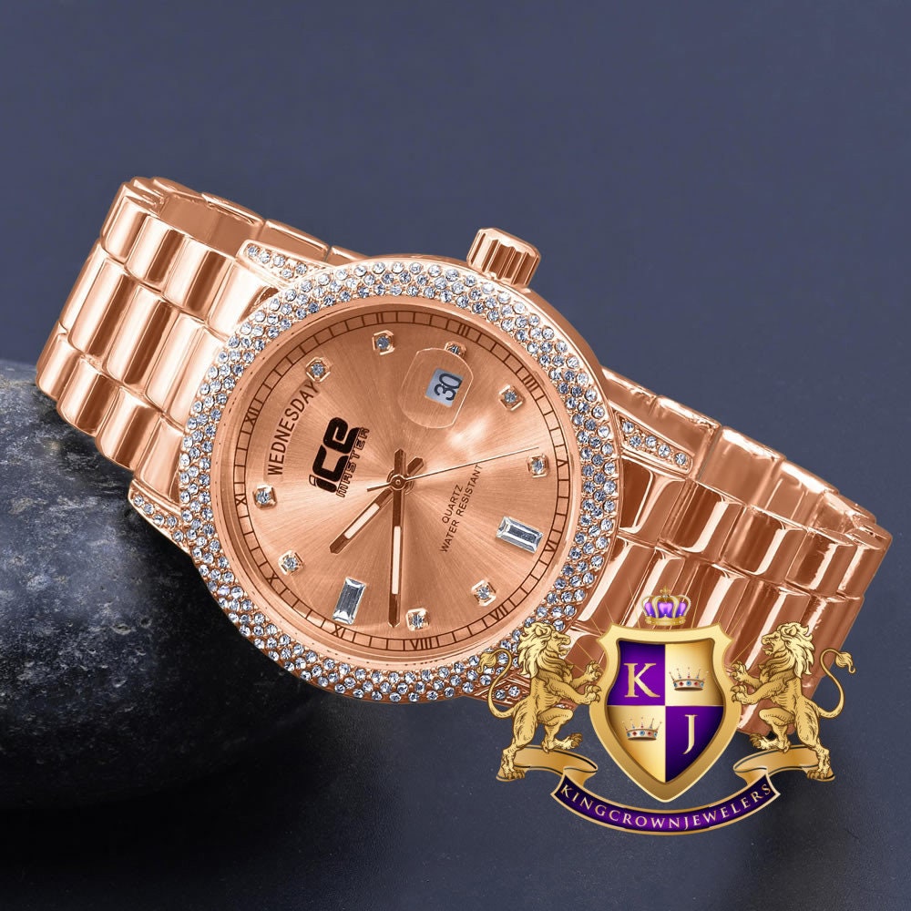 Presidential Band Mens Watch 40mm Day/Date Function Steel Back Water Resistance 14K Rose Gold Finish