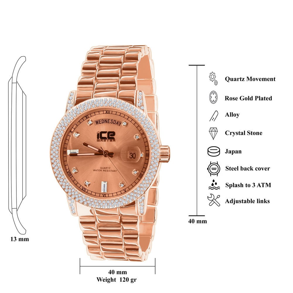 Presidential Band Mens Watch 40mm Day/Date Function Steel Back Water Resistance 14K Rose Gold Finish