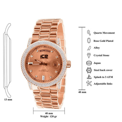 Presidential Band Mens Watch 40mm Day/Date Function Steel Back Water Resistance 14K Rose Gold Finish
