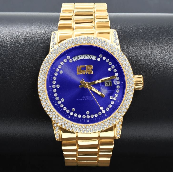 Blue Face Dial 14K Gold Tone Day/Date Function Steel Back Metal Band Mens Watch