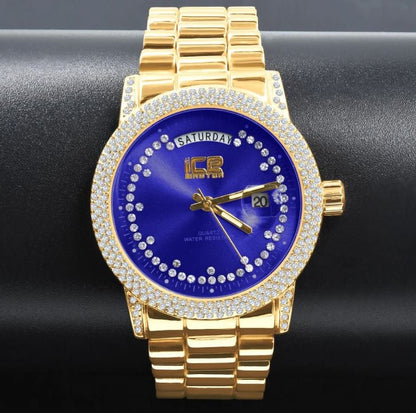 Blue Face Dial 14K Gold Tone Day/Date Function Steel Back Metal Band Mens Watch