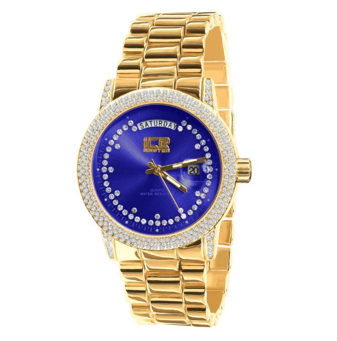Blue Face Dial 14K Gold Tone Day/Date Function Steel Back Metal Band Mens Watch