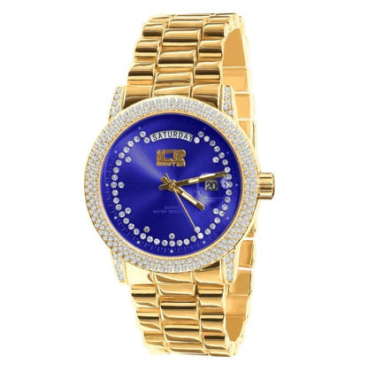 Blue Face Dial 14K Gold Tone Day/Date Function Steel Back Metal Band Mens Watch