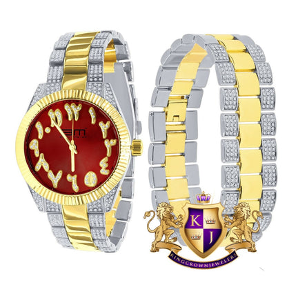 Mens Arabic Numeral Face Ruby Red Face Dial Watch Matching Bracelet Gift Set 2 Tone Gold Finish